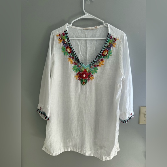 Soft Surroundings Fiesta Embroidered Tunic Top Womens SZ L Floral Boho Linen - Picture 1 of 10